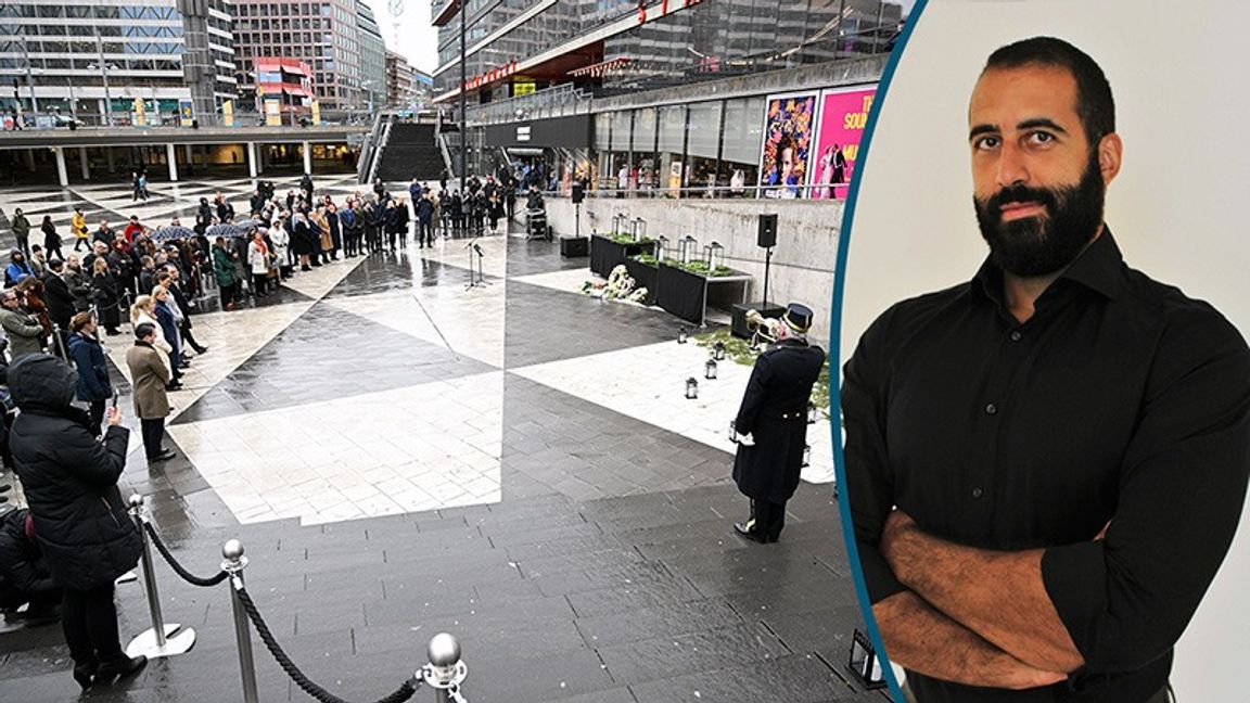 Minnesstund på Sergels torg 7 april för Rakhmat Akilovs offer. Foto: Henrik Montgomery/TT / My Hellberg