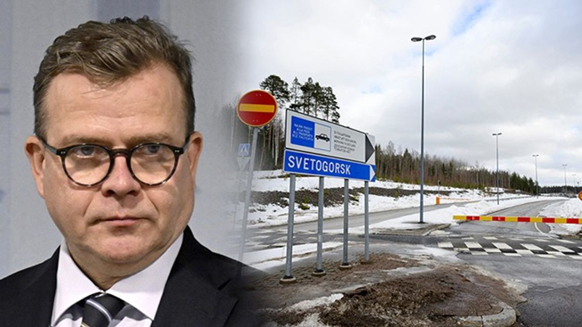 Statsminister Petteri Orpo och gränsen mellan Finland och Ryssland vid städerna Imatra och Svetogorsk. Foto: Jussi Nukari/Jessica Gow/AP/TT