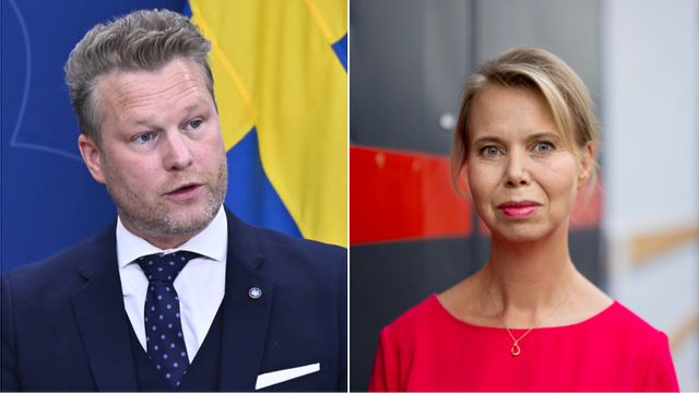 SVT:s vd Anne Lagercrantz kritiseras av Alexander Christiansson (SD) för att vara arrogant när hon förklarar det sjunkande förtroendet bland högerväljare. Foto: Christine Olsson/TT