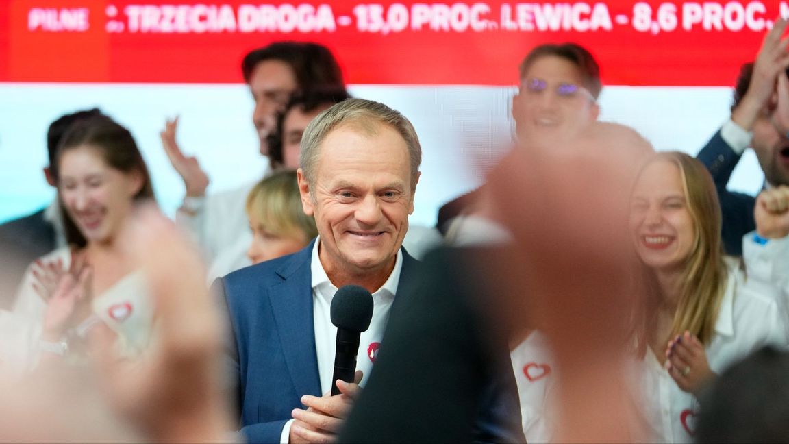 Oppositionsledaren Donald Tusk på sin valvaka. Foto: Petr David Josek/AP/TT