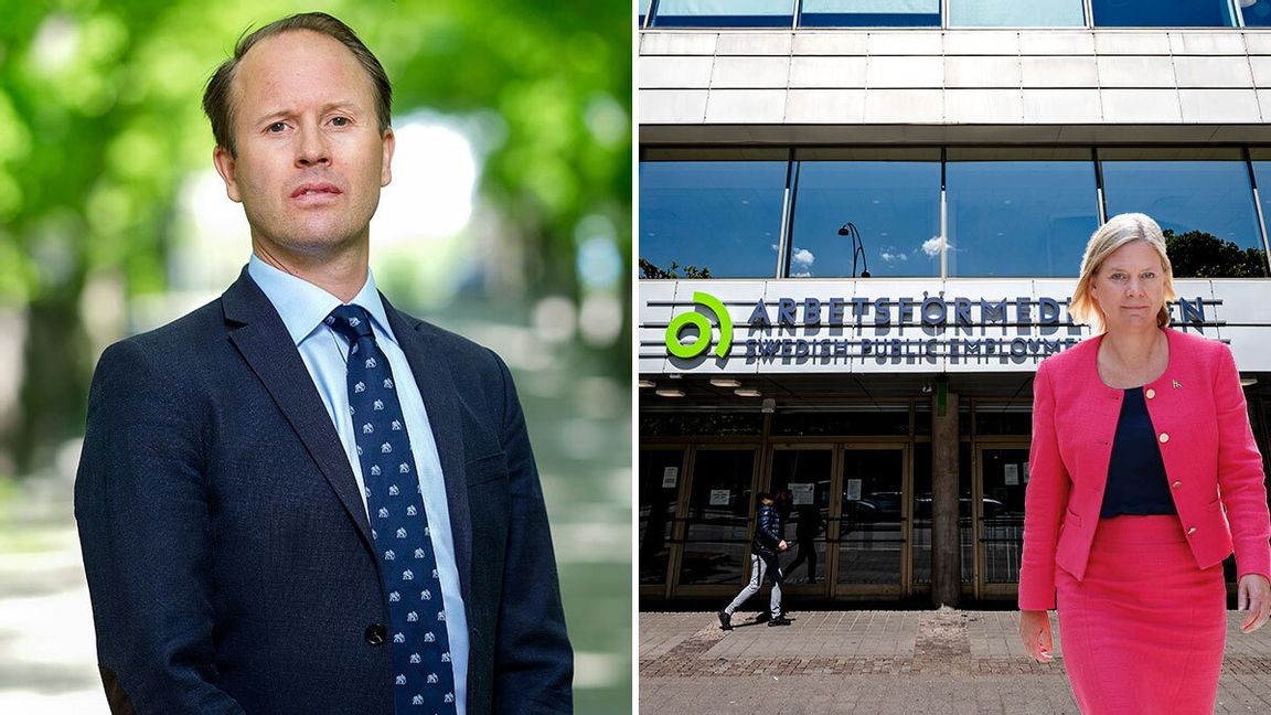 Den misslyckade arbetsmarknadspolitiken är också Magdalena Anderssons (S) politik, menar Edward Hamilton (M) som tidigare var Svenskt Näringslivs arbetsmarknadsexpert. Foto: Pressbild Edward Hamilton, samt montage: Johan Nilsson/TT och Johan Jeppsson/TT.