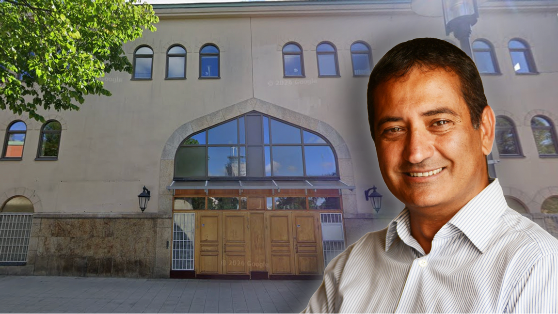 Islamforskaren Sameh Egyptson har granskat Förenade islamiska föreningar i Sverige, FIFS, och dess ledande företrädare. I bakgrunden syns Stockholms stora moské på Medborgarplatsen. Foto: Privat/Google Maps