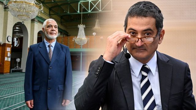 Sameh Egyptson, till höger, intervjuas av Ronie Berggren. Till vänster foto från Stockholmsmoskén med imam Mahmoud Khalfi som i intervjuer sagt sig vara inspirerad av Muslimska Brödraskapet men förnekar att han tar order därifrån. Foto: Oscar Olsson/Johan Nilsson/TT