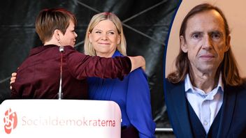 Magdalena Andersson omfamnas av partikamraten och Malmös kommunstyrelseordförande Katrin Stjernfeldt Jammeh före sitt Första maj-tal. Foto: Johan Nilsson/TT