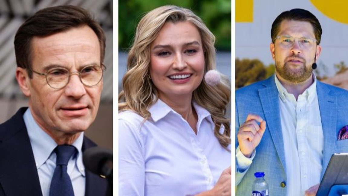 Ulf Kristersson (M), Ebba Busch (KD) och Jimmie Åkesson (SD). Deras partier får tillsammans 48,3 procent i Novus nya mätning. Foto: © European Union, 2026, CC BY 4.0/Bene Riobó, CC BY-SA 4.0/Frankie Fouganthin, CC BY 4.0. 
