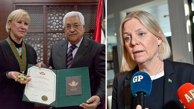 Till vänster: dåvarande utrikesminister Margot Wallström (S) prisas av Palestinska myndighetens president Mahmoud Abbas. Foto: Nasser Nasser/Pontus Lundahl/AP/TT