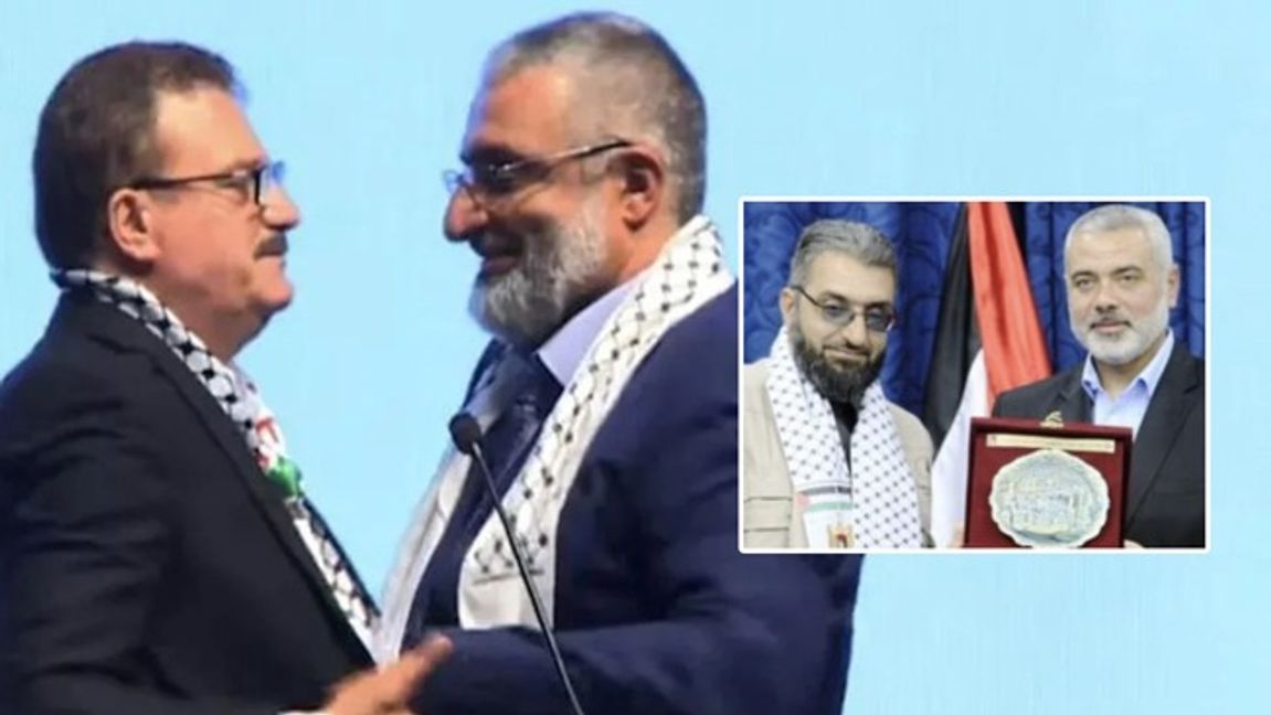 Tidigare S-toppen Jamal El-Haj under den Hamaskopplade konferensen, här med Hamaskopplade Amin Abu Rashid. Infälld: Amin Abu Rashid tillsammans med den numera eliminerade Hamasledaren Ismail Haniyeh. Foto: Youtube