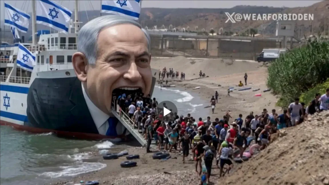 Netanyahu spyr ut flyktingar på en spansk strand. Foto: Skärmdump X