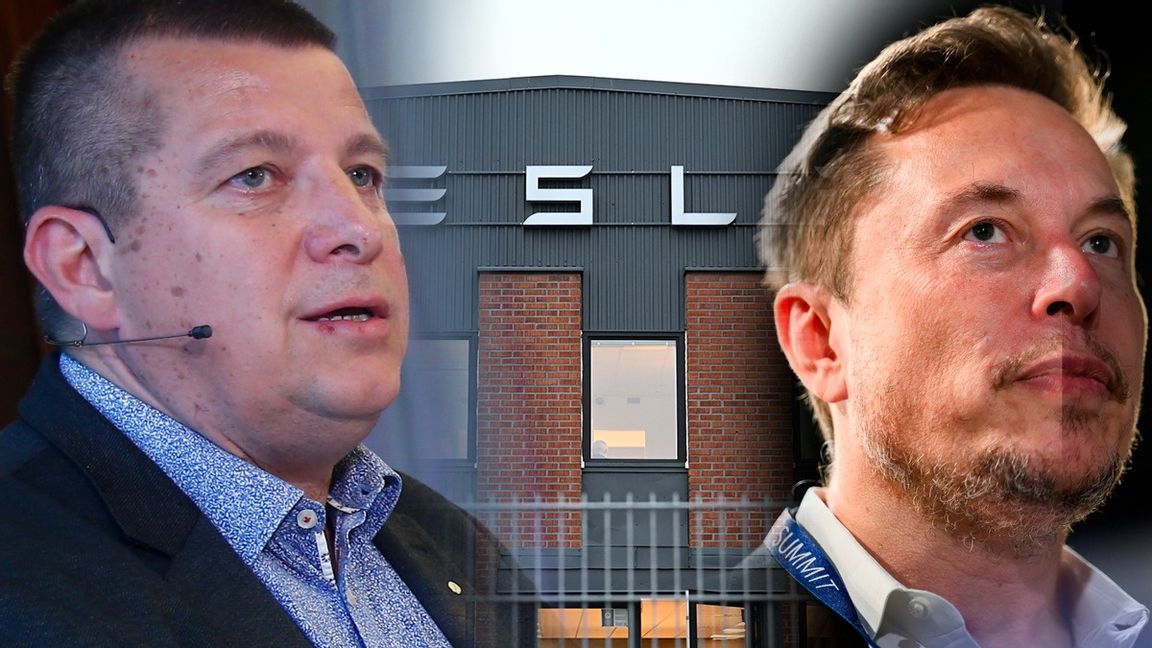 If Metalls avtalssekreterare Veli-Pekka Säikkälä och Teslas grundare och vd Elon Musk. Arkivbild. Foto: LEON NEAL AP/TT/Jessica Gow/Fredrik Persson/TT