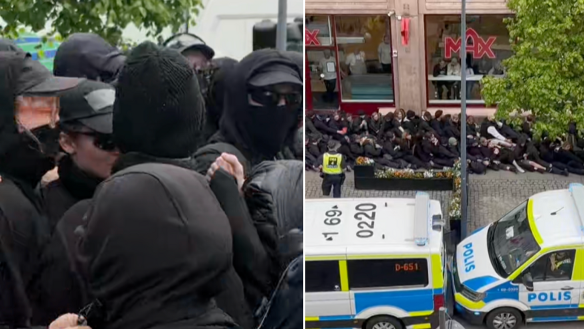 Polis konfronterade demonstranter under Nato-mötet i Helsingborg. Foto: SVT
