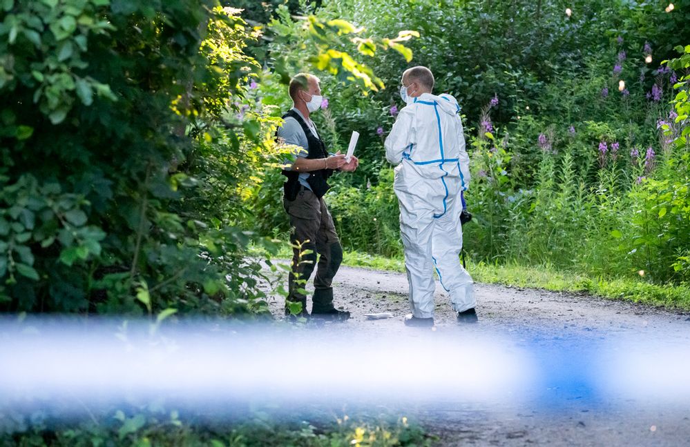 Polis och kriminaltekniker på plats där två brittiska medborgare hittats döda i en utbränd hyrbil i mitten på juli 2024. Arkivbild. Foto: Johan Nilsson/TT