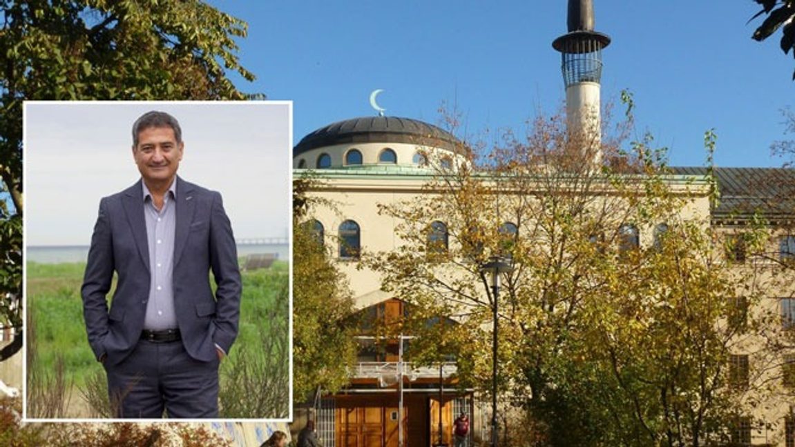 Sameh Egyptson. Till höger Stockholms moské, där temadagen ”Islamkritik vs Islamofobi” hålls på lördag. Foto: Pressbild/Holger.Ellgaard, CC BY-SA 3.0