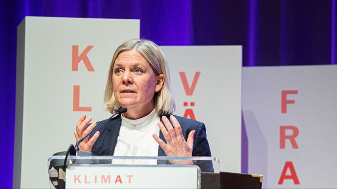 Socialdemokraternas Magdalena Andersson på Vänsterpartiets kongress. De två partierna har nu lokalt i Göteborg gått fram med förslag om att stoppa inköp från Israel. Foto: Anna Hållams/TT