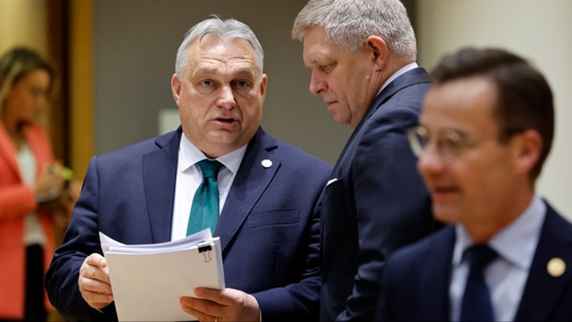 Viktor Orbán, här i samspråk med Slovakiens premiärminister Robert Fico, har gett positiva signaler för svenskt medlemskap i Nato.Foto: Geert Vanden Wijngaert/AP