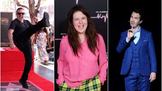 Ricky Gervais, Rosie Jones och Jimmy Carr. Foto: Millie Turner/AP/TT/Chris Pizzello/AP/TT/Brad Barket/AP/TT