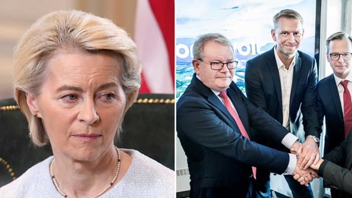 Ursula von der Leyen och EU har ägnat sig åt gröna idiotprojekt skriver Oskar Lindström. Till höger Anders Teljebäck (S) från Västerås, Peter Carlsson, Northvolts vd, Mikael Damberg, dåvarande närings- och innovationsminister (S), vid en pressträff 2017 om Northvolt. Foto: Lars Pehrson/SvD/TT/AP