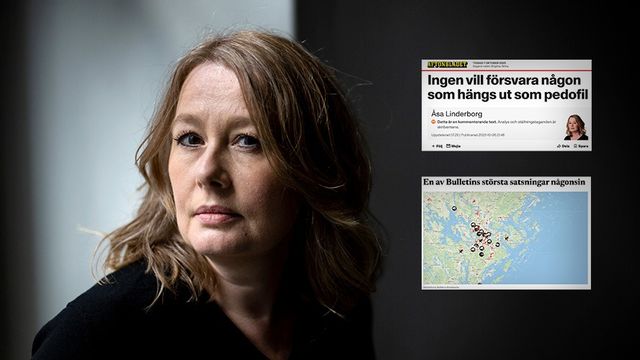 Åsa Linderborg rasar mot Bulletins brottskarta. Bild: Christine Olsson/TT/Faksimil aftonbladet.se, bulletin.nu