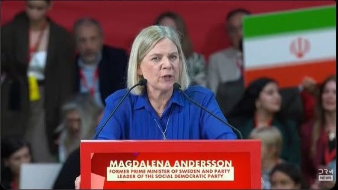 Andersson var talare på en konferens där det var acceptabelt att höja de iranska mullornas flagga. Bild: Skärmdump