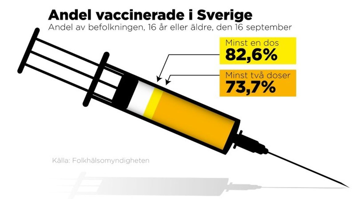 Andel i befolkningen, 16 år eller äldre, som vaccinerats den 16 september. Foto: Johan Hallnäs/TT 