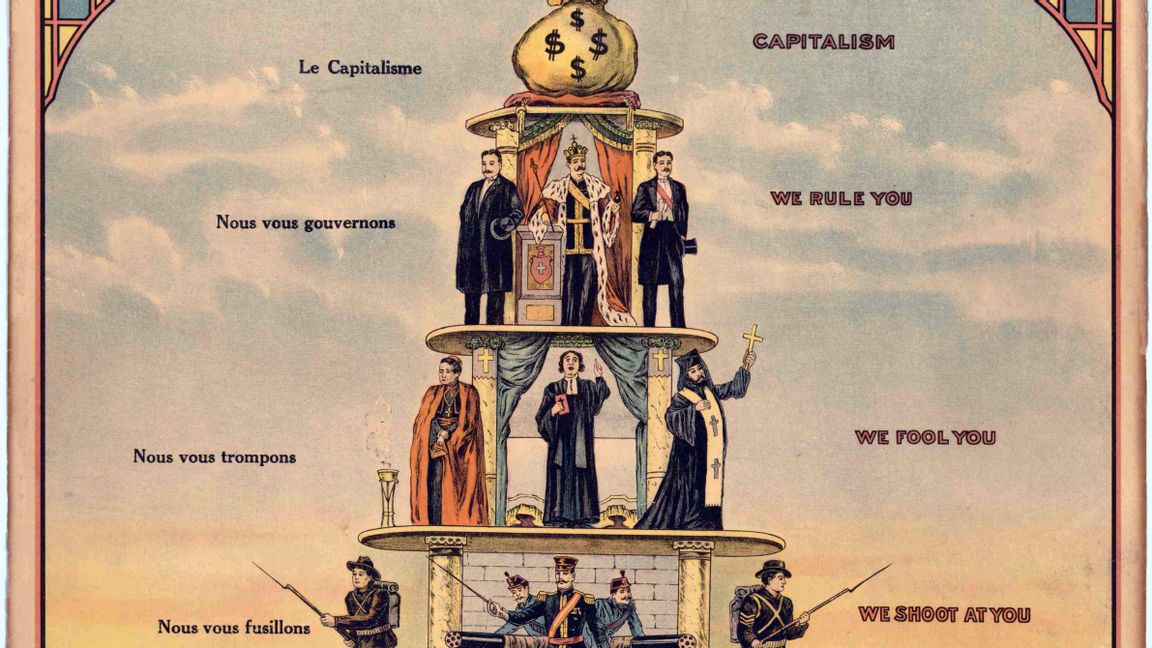 Detalj ur "Pyramid of Capitalist System" ur Industrial Worker, 1911. Foto: Wikipedia.