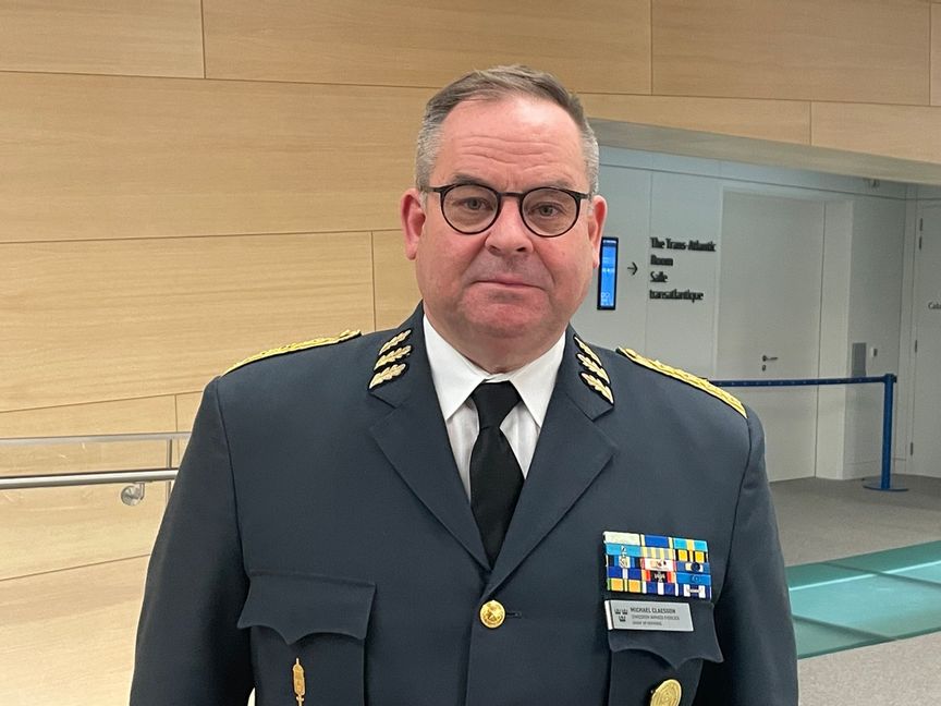 Överbefälhavare Michael Claesson efter veckans försvarschefsmöte inne på Nato-högkvarteret i Bryssel. Wiktor Nummelin/TT