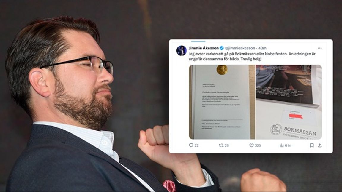 Jimmie Åkesson nobbar nobelfestandet. Foto: Maja Suslin/TT/Jimmie Åkesson/X