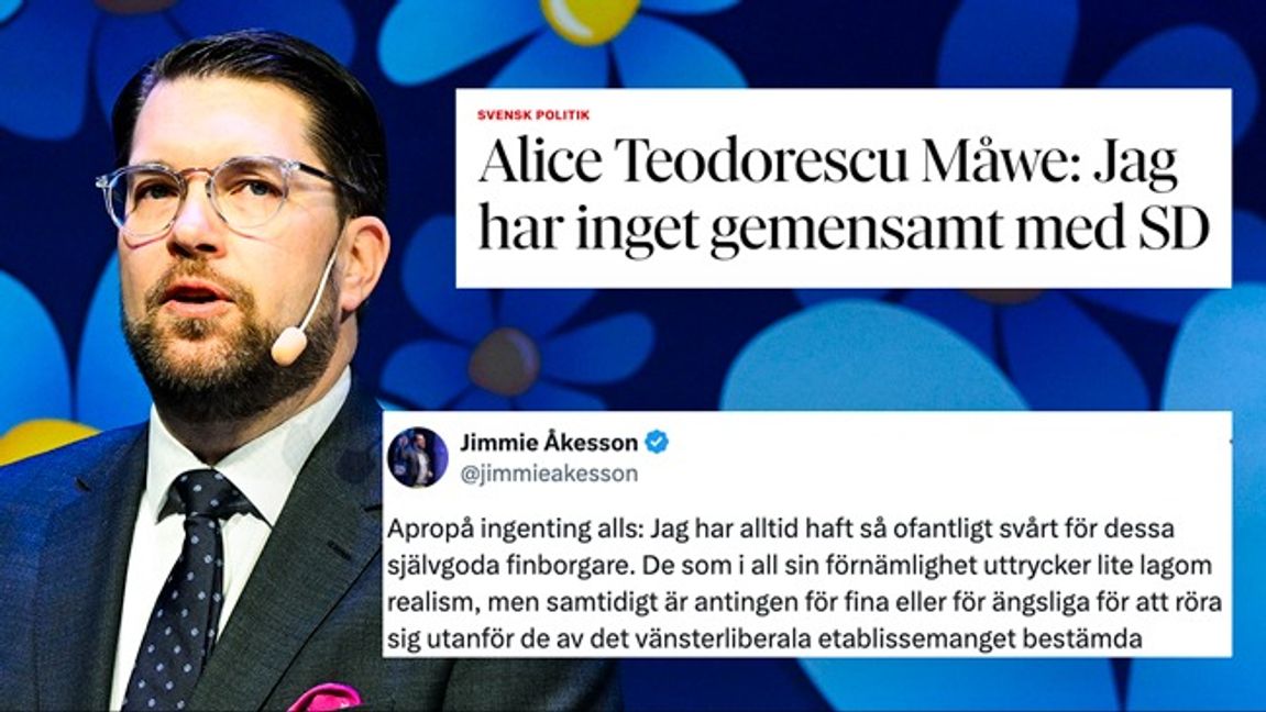 Jimmie Åkesson går till attack mot ”finborgare”. Bilden är ett montage. Foto: Jessica Gow/TT/Faksimil DN/X