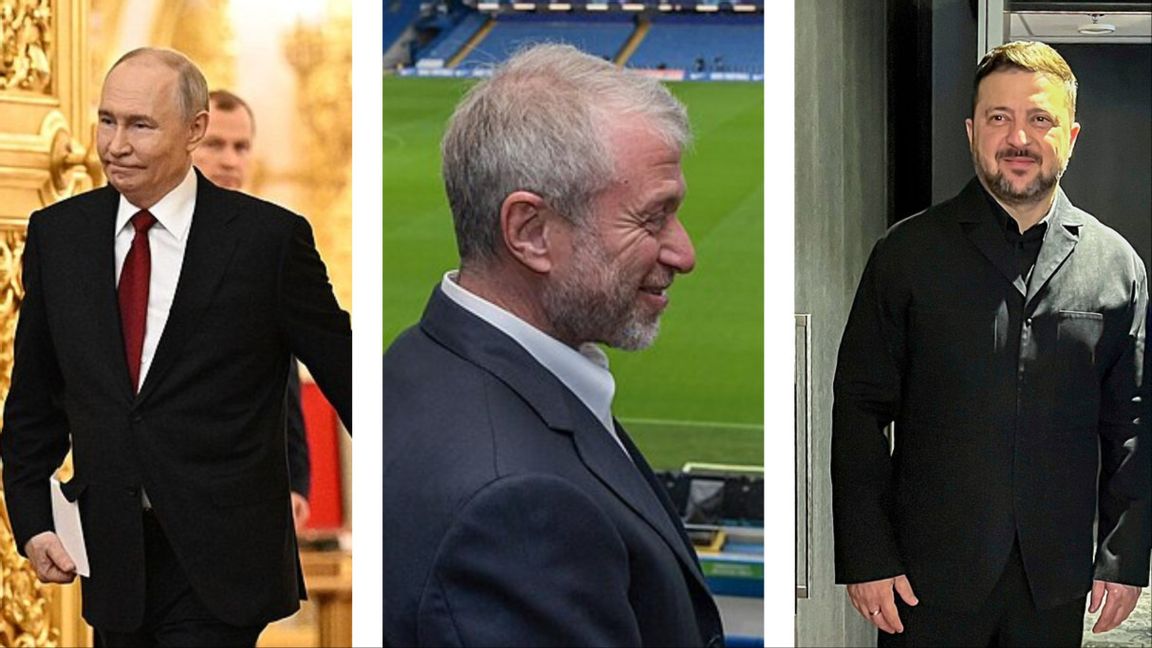 Bildkollage: Rysslands president Vladimir Putin 12 juni 2026, Roman Abramovitj på Stamford bridge 2021 och Ukrainas president Volodymyr Zelenskyj den 9 juni 2026. Foton: Wikimedia commons / kremlin.ru , Kobi Gideon, https://www.flickr.com/photos/finnishgovernment/55324147179/