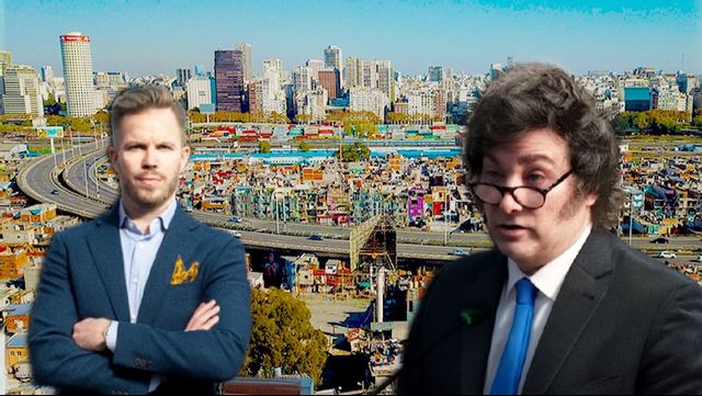 Hyresgästföreningens chefekonom Martin Hofverberg (Vänster). Foto: Filippa Ländin. Javier Milei, Argentinas president (Höger). Foto: TT/(AP Photo/Jorge Saenz). Buenos Aires. Foto: TT/AP Photo/Victor R. Caivano (Bakgrund). 