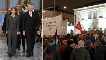 Machados dotter Ana Corina Sosa tar emot priset i stället för hennes mor. Samtidigt pågår en demonstration där Rød Ungdom bland annat deltar. Foto: Ole Berg-Rusten/AP/TT/Skärmdump Youtube