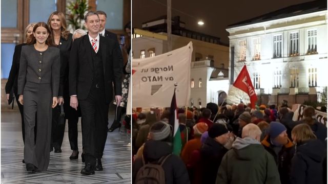Machados dotter Ana Corina Sosa tar emot priset i stället för hennes mor. Samtidigt pågår en demonstration där Rød Ungdom bland annat deltar. Foto: Ole Berg-Rusten/AP/TT/Skärmdump Youtube