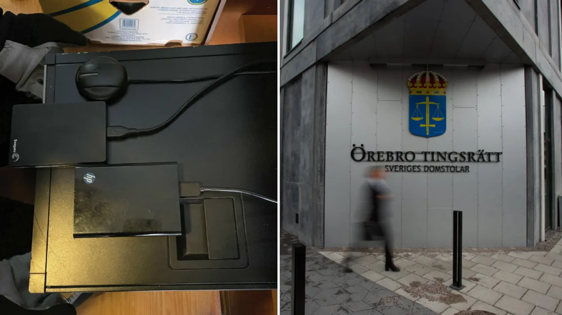 Hårddiskar som polisen beslagtog vid husrannsakan och Örebro tingsrätt, där rättegången inleds på onsdagen. Foto: Polisen/Tommy Andersson