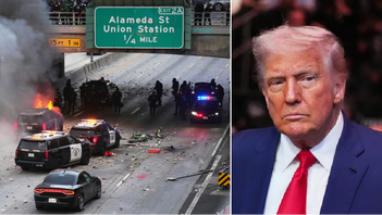 Kaos på motorväg 101 i Los Angeles med brinnande fordon och skräp efter våldsamma protester mot ICE-räder. President Trump svarar med att skicka tusentals soldater till staden. Foto: Eric Thayer/Frank Franklin II/AP/TT