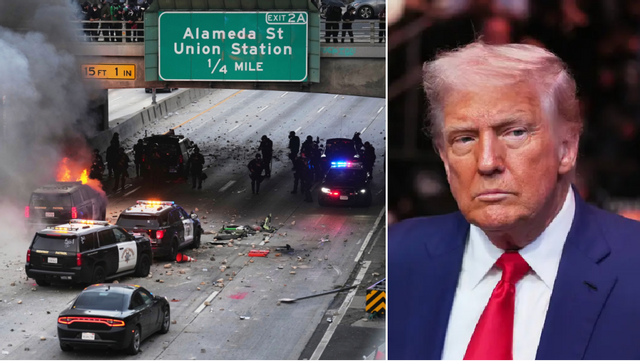 Kaos på motorväg 101 i Los Angeles med brinnande fordon och skräp efter våldsamma protester mot ICE-räder. President Trump svarar med att skicka tusentals soldater till staden. Foto: Eric Thayer/Frank Franklin II/AP/TT