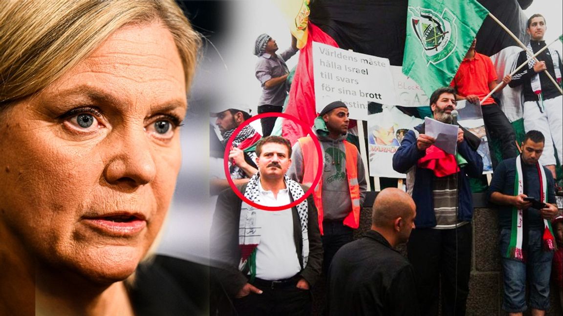Jamal El-Haj har vid en demonstration i Malmö poserat vid två Hamasflaggor. Magdalena Andersson har återkommande försvarat honom. Foto: Facebook/Fredrik Sandberg/TT 