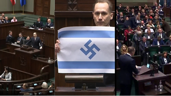 Konrad Berkowicz visar upp flaggan i talarstolen. Fakismil: Youtube