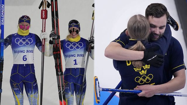 Silvermedaljören Maja Dahlqvist till vänster, guldmedaljören Jonna Sundling i mitten och det mixade curlinglaget som tog bronsmedalj till höger. Foto: Aaron Favila/AP/TT och Nariman El-Mofty/AP/TT