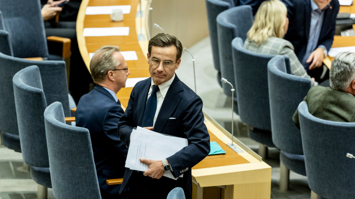 Tillträdande statsministern Ulf Kristersson (M) avger en regeringsförklaring i kammaren och anmäler vilka övriga statsråd som ska ingå i regeringen. Foto: Christine Olsson/TT