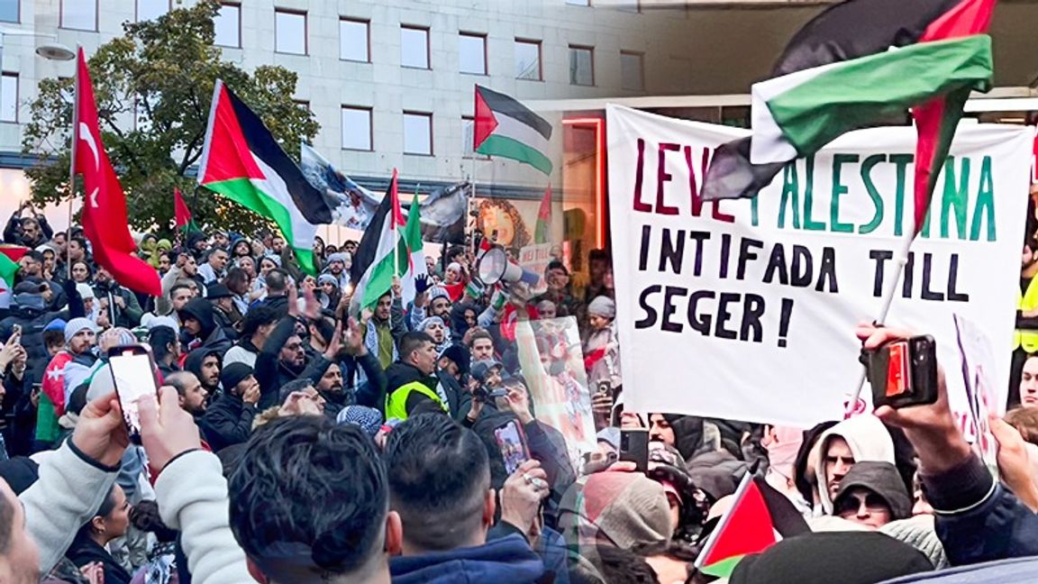 Palestinsk demonstration på Sergels torg där det bland annat skanderades ”From the river to the sea, Palestine will be free”. Bilden är ett montage med två bilder från samma demonstration, Foto: Pelle Zackrisson