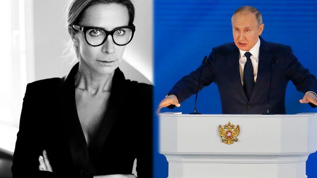 Veronika Belotserkovskaya kan dömas till 15 års fängelse i Ryssland. Foto: Instagram @belonika (Veronika tv) / Alexander Zemlianichenko/AP/TT (Putin, th)