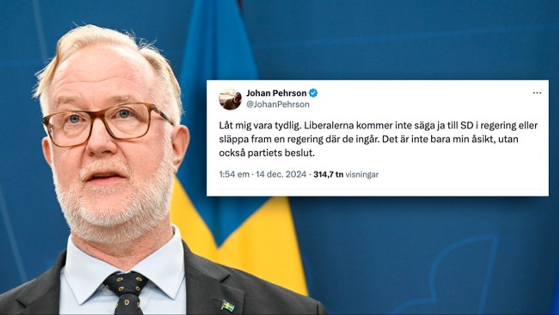 Liberalernas partiledare, utbildningsminister Johan Pehrson tog till X på lördagen. Bilden är ett montage. Foto: Fredrik Sandberg/TT/X