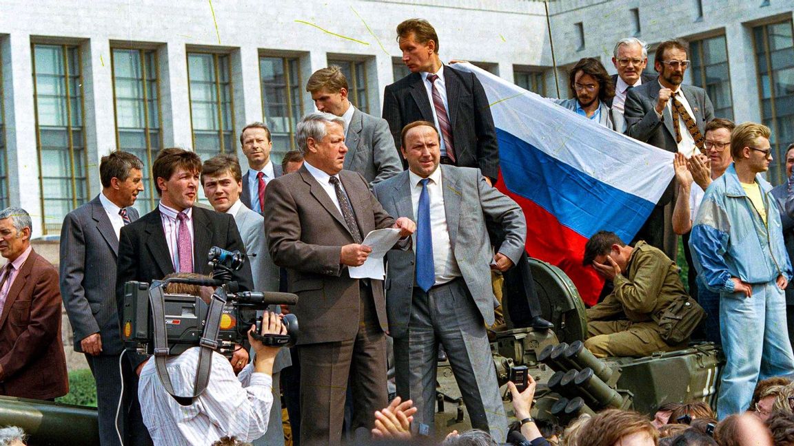 In this Monday, Aug. 19, 1991 file photo, Boris Yeltsin, president of the Russian Federation, makes a speech from atop a tank in front of the Russian parliament building in Moscow, Russia. When a group of top Communist officials ousted Soviet leader Mikhail Gorbachev 30 years ago and flooded Moscow with tanks, the world held its breath, fearing a rollback on liberal reforms and a return to the Cold War confrontation. But the August 1991 coup collapsed in just three days, precipitating the breakup of the Soviet Union that plotters said they were trying to prevent. Photo: AP/TT