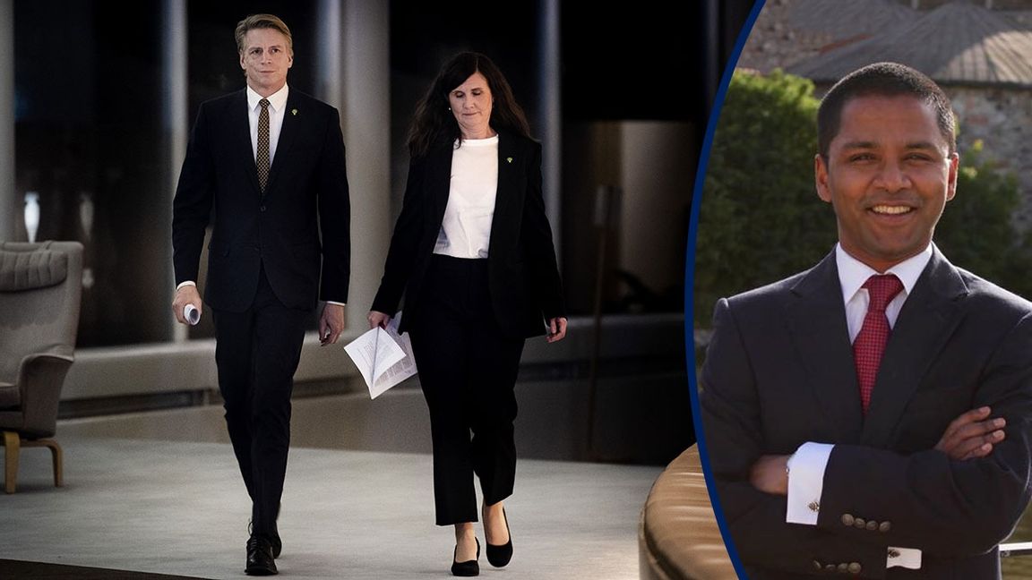 Miljöpartiets språkrör Per Bolund och Märta Stenevi på väg mot en pressträff efter budgetomröstningen i riksdagen på onsdagen. Foto: Pontus Lundahl/TT