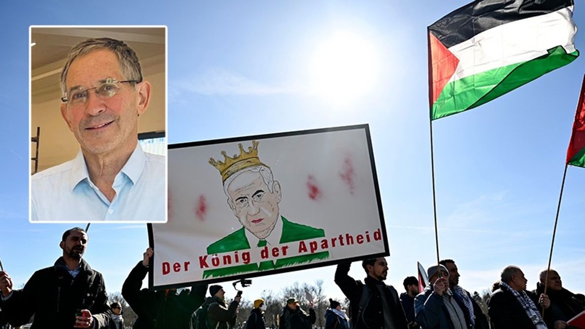 Bulletin har intervjuat Itamar Marcus. Demonstration mot Benjamin Netanyahus besök i Berlin. Foto: Pressbild / Steffi Loos/AP/TT 