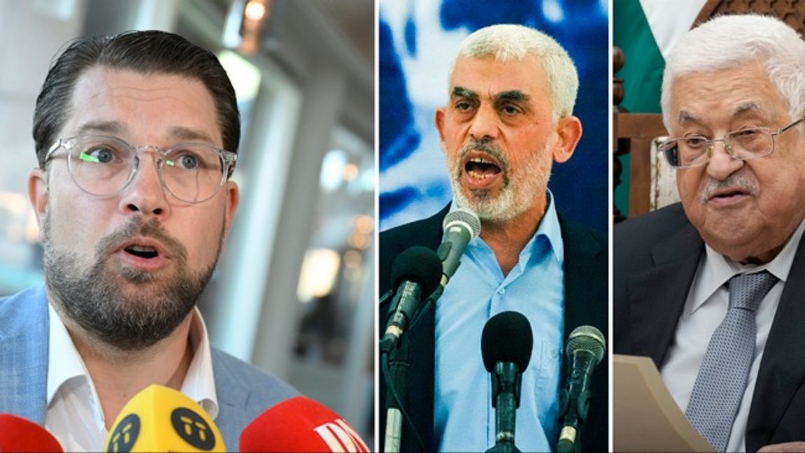 Jimmie Åkesson sågar det norska beslutet att erkänna Palestina som stat. Han vill tvärtom dra tillbaka erkännandet för de palestinska områdena där Mahmoud Abbas (Fatah) och Yahya Sinwar (Hamas) styr. Foto: Pontus Lundahl/TT/AP