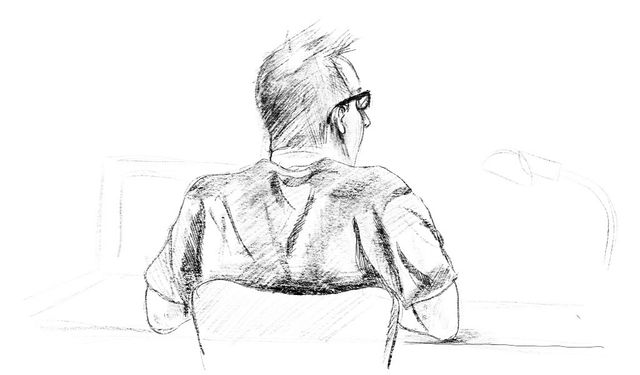 Teckning av den livstidsdömde Peter Madsen under rättegången 2018. Arkivbild. Foto: Johan Hallnäs/TT