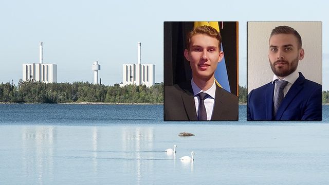 Kärnkraftverket i Forsmark och dagens debattörer Eric Lindgren och Albin Svensson. Foto: Robert Gabrielsson/Vattenfall / Privat