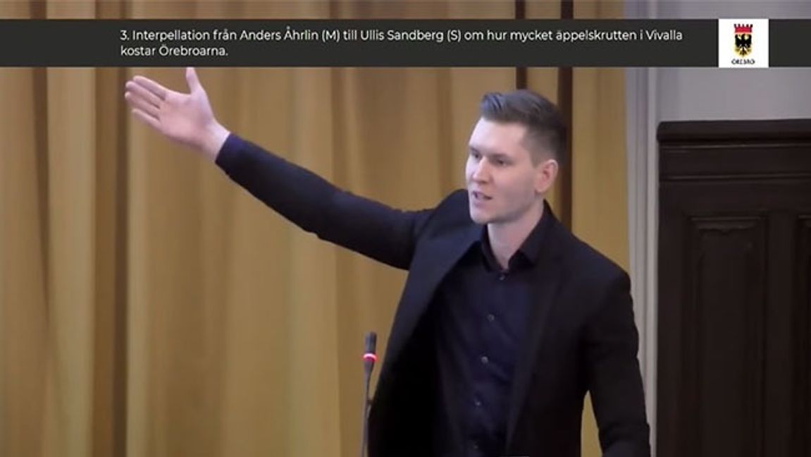 Bild från en av Markus Allards första virala debatter i Örebro kommunfullmäktige. Bild: Örebro kommunfullmäktige