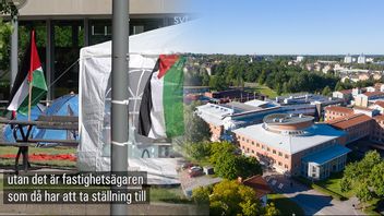 Ett tältläger har satts upp framför Linnéuniversitetets bibliotek i Växjö. Foto: SVT/Fredrik Sanberg/TT