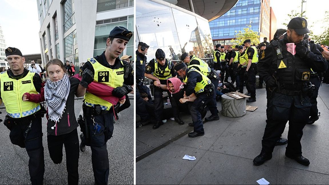 Demonstranter fick tas omhand av polis utanför Malmö arena i samband med att publiken släpptes in på arenan inför Eurovision Song Contest-finalen. Däribland Greta Thunberg. Foto: Johan Nilsson/TT